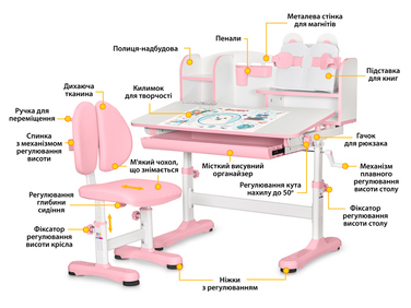 Комплект меблів (стіл + стілець + полиця) Mealux BD-29 Panda XL Pink (арт. BD-29 PN)