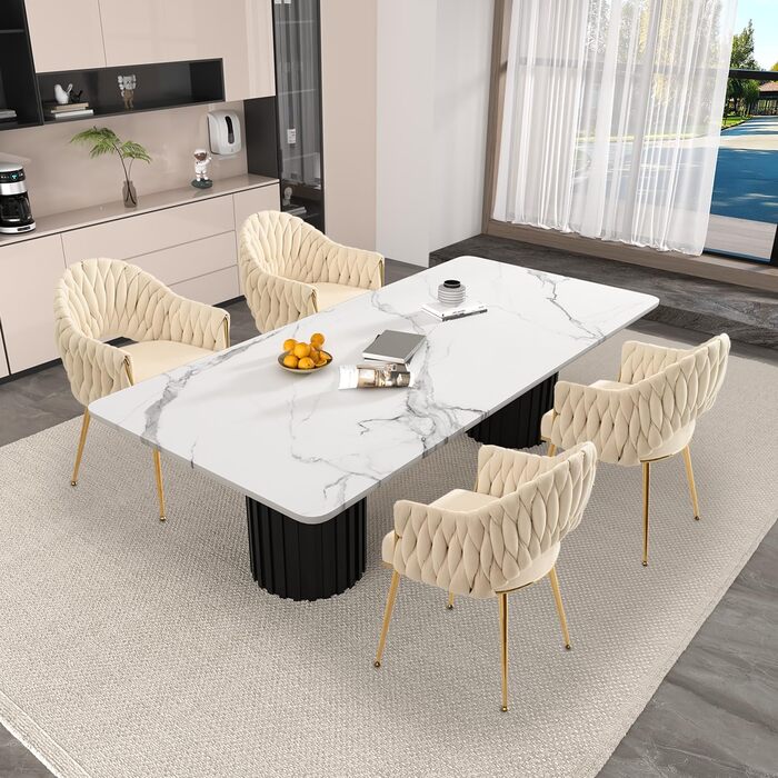 Набір з 2 обідніх стільців Samt, крісла для вітальні, стільці для кухні з підлокітниками, стільці для макіяжу з золотими ніжками, стільці для балкону білого кольору