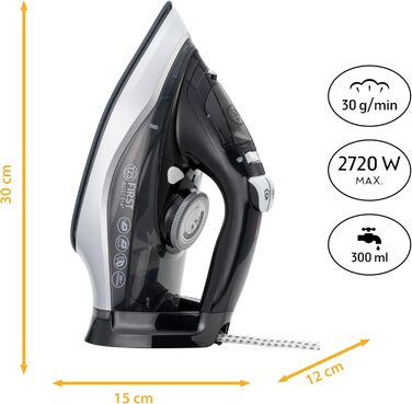 Пароочисник TZS First Austria I 2290-2720W | Керамічна підошва, Самоочищення, Вертикальний пар, Anti-Kalk, Сухе прасування, 0.3л резервуар, 1.2 кг | Чорний/Білий