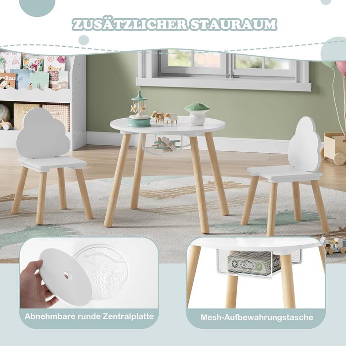 Дитячий столик та 2 стільчики WOLTU, дитячий набір меблів з місцем для зберігання (сітка), стільчик з хмарною спинкою для малюків та дошкільнят, круглий стіл
