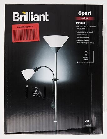 Стельовий омийник Brilliant Spari 1,8 м, чорний/білий, підходить для LED, лампа для читання з вимикачем шнура