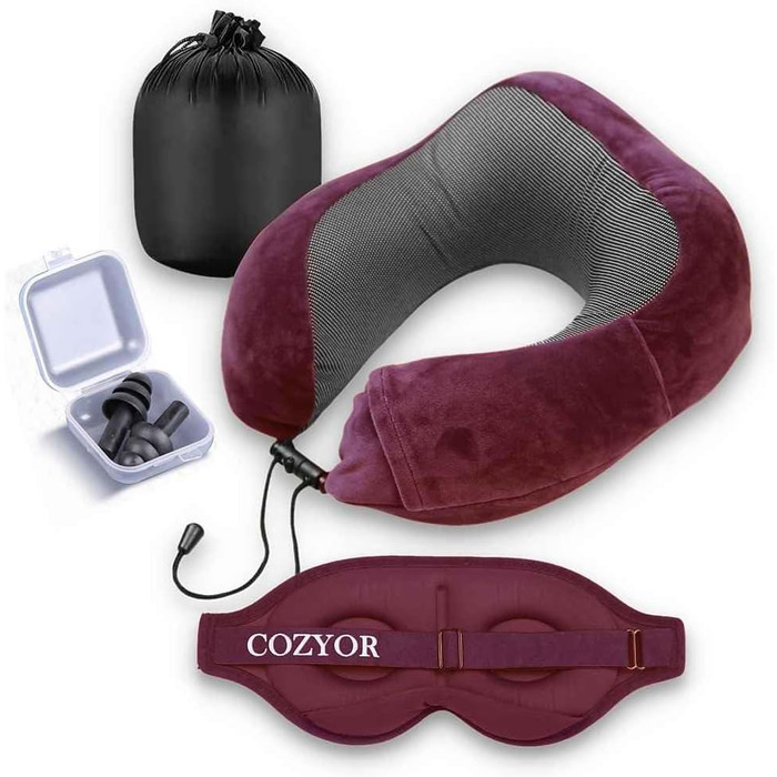 Набір для подорожей Cozyor 4-в-1: подушка для шиї, маска для сну, надувна подушка та плед 2-в-1, беруші, з кріпленням для рюкзака та валізи, червоний