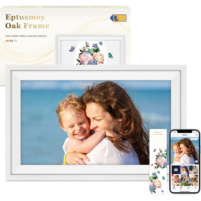 Цифровий фоторамка Eptusmey з Wi-Fi, 10.1 дюймів, корпус з дуба, 32GB, HD IPS сенсорний екран 1280x800, відтворення фото/відео через Uhale APP, подарунок для чоловіків та жінок, колір: білий дуб