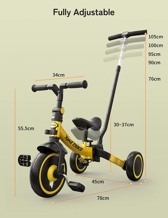 Бесрей 5-в-1 Дитячий Біговел, Триколісний Велосипед для Малюків 1-4 Років (Жовтий з Ручкою)