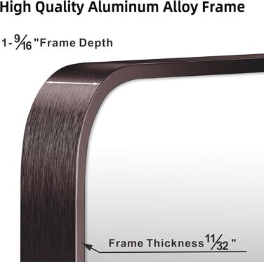 Дзеркало для ванної кімнати на стіну з округлим прямокутним дизайном та коричневим металевим каркасом. Підходить для ванної, передпокою, вітальні, спальні. Вертикальна або горизонтальна орієнтація. Розміри: 91.4 x 61 см, колір: брашований титан.