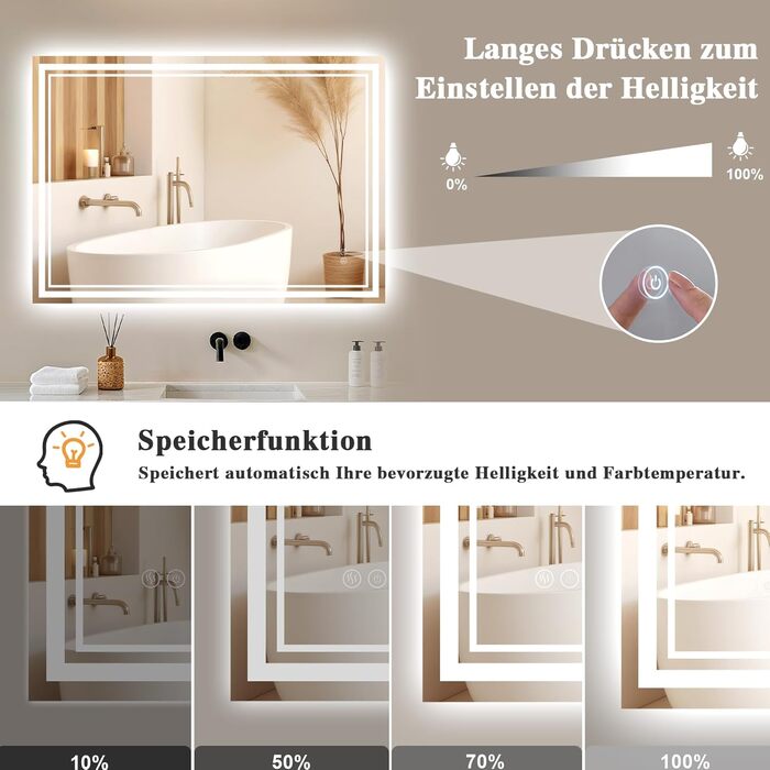 Дзеркало для ванної кімнати з підсвічуванням Badspiegel 50x70см LED, антизапар, сенсорне керування, регулювання яскравості, 3 кольори світла, настінне, горизонтальне/вертикальне