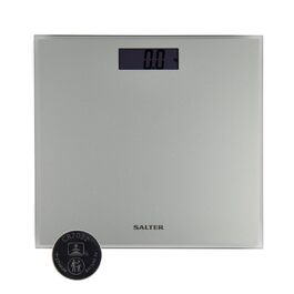 Цифрові ваги для ванної кімнати Salter SA00287 BAFEU16 - скляні ваги для ванної кімнати, 180 кг, РК-дисплей, що легко читається, чорний дизайн, батареї в комплекті, миттєве вимірювання ваги (срібло)