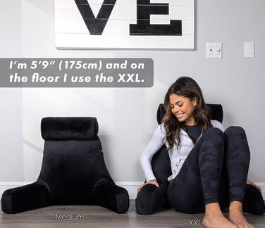 Подушка для чоловіків - сіра, велика, з підлокітниками для читання та відпочинку в ліжку - висока спинка з преміум-піною Memory, знімний валик для шиї на Bungee - середній розмір, оригінальна версія, чорний колір