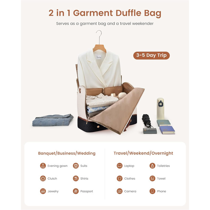 LOVEVOOK Перекидна дорожня сумка для жінок, 2-в-1, валіза, органайзер для взуття, водонепроникна, ручна, для подорожей (53L, чорний, бежевий, коричневий)