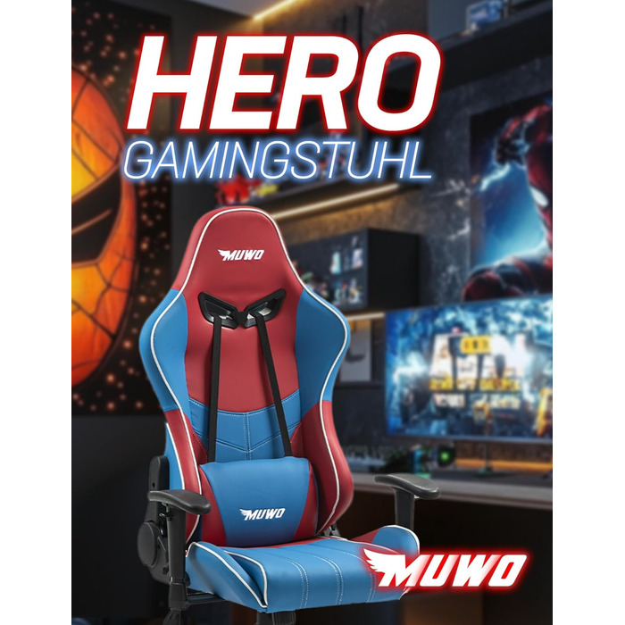 Ігрове крісло MUWO Hero E-Sports - ергономічне, регульоване, з подушкою, функцією обертання на 360 (жовтий/червоний)