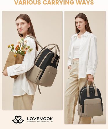 LOVEVOOK Рюкзак для жінок, рюкзак для ноутбука, водонепроникний, для подорожей, роботи, навчання, універсальний, 15.6 дюймів, світло-зелений/бежевий, чорний/хакі