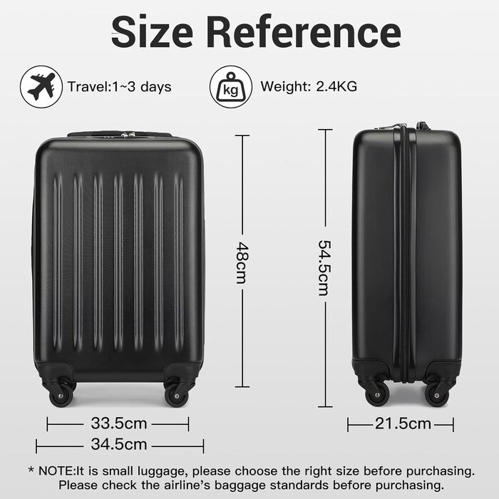 Чохол-валіза KONO, 55 см, 20 дюймів, ручна поклажа, ABS, чорний