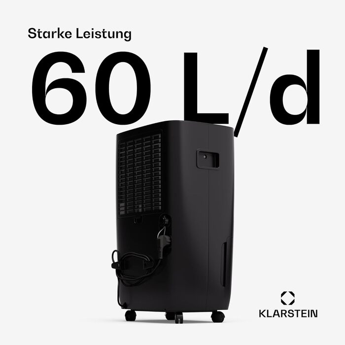 Електричний осушувач Klarstein DryFy Connect 60L з Wi-Fi, 60 л/24 год, таймер, для приміщень 45-65 м², портативний, антрацит