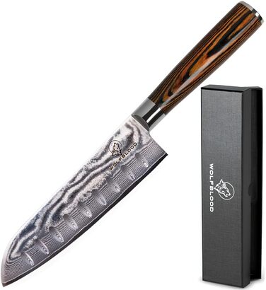 Ніж кухарський Santoku XL (30 см) Wolfblood з дамаської сталі 67 шарів, професійний, з дерев'яною ручкою, подарункова коробка та захист леза