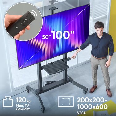 ONKRON Телевізійна тумба на колесах для телевізорів 50-100 дюймів, електрична, з підйомом, max 130 кг, VESA 1000x600, чорна TS1991E-B