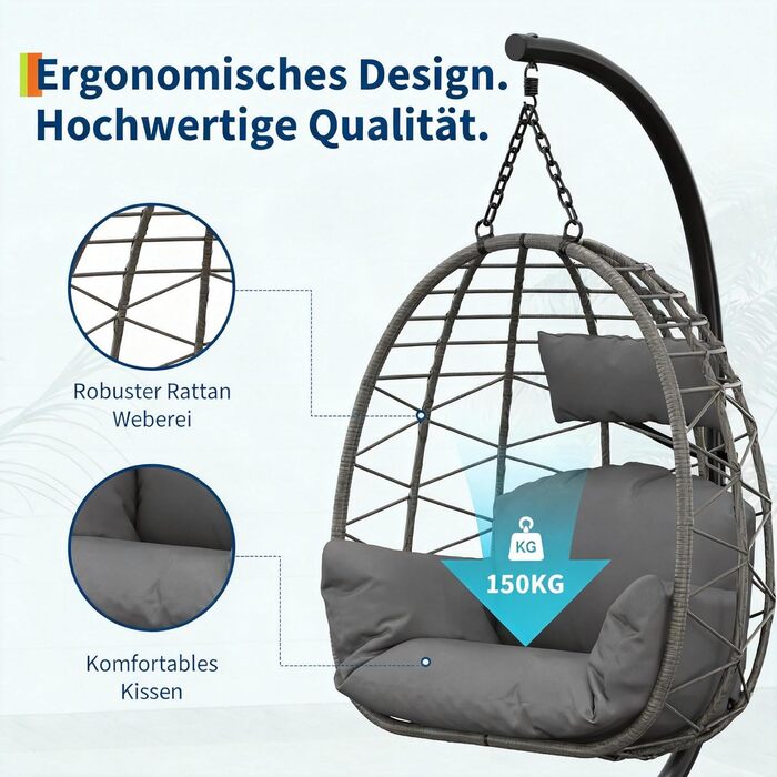 Підвісне крісло-гойдалка з металевим каркасом, ротанг, 150 кг, для саду, тераси, балкону, сіре