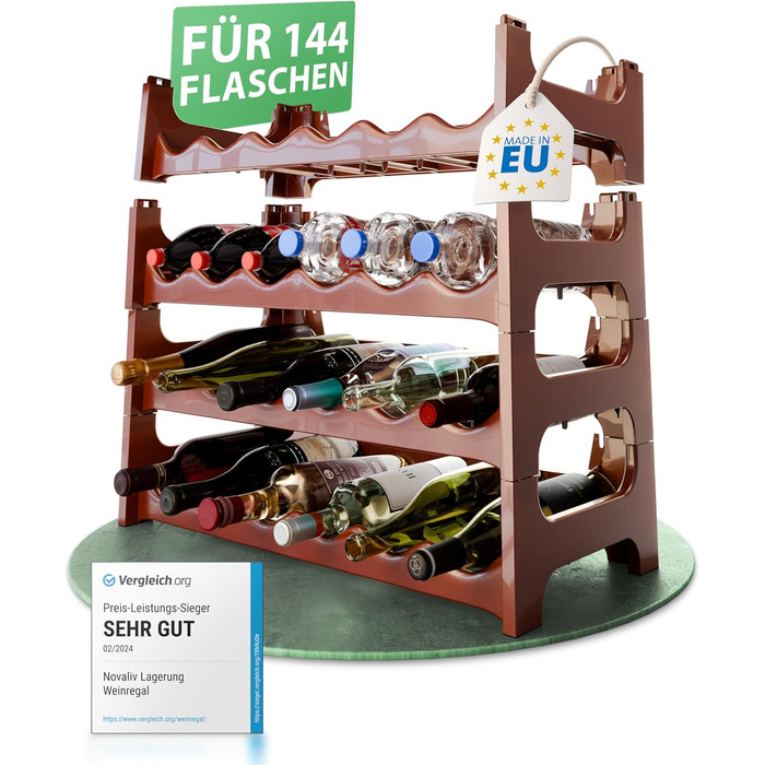 Пластикова полиця для пляшок Novaliv на 36 пляшок, розширювана, стелаж для вина, напоїв, спиртних напоїв, органайзер для пляшок (до 144 пляшок, коричневий)