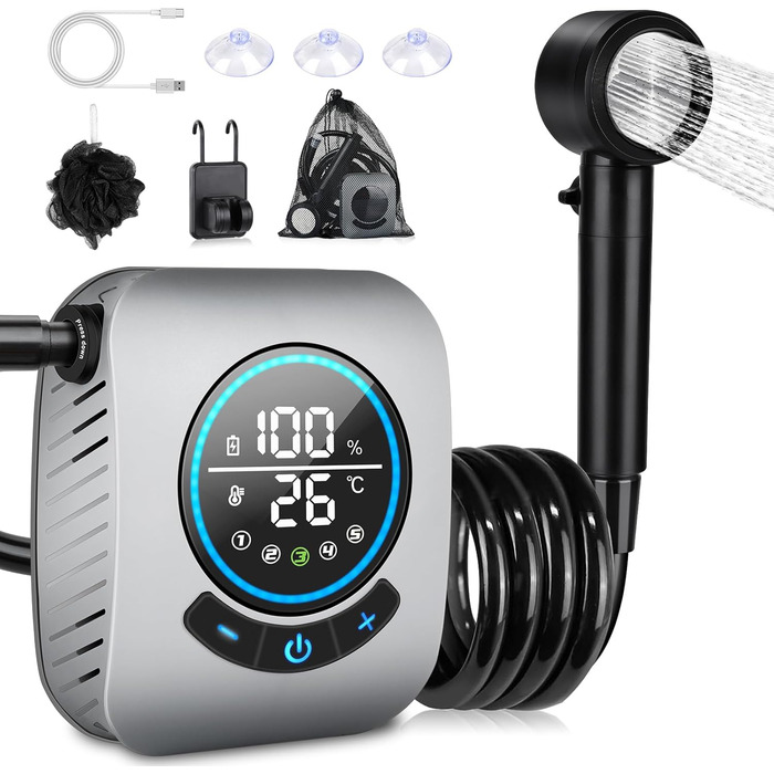 Портативна душова кабіна для кемпінгу Spopal з акумулятором 8000mAh, насосом та індикатором температури. Комплект для відпочинку на природі, автомийки, пляжу, подорожей та догляду за тваринами (сірий)