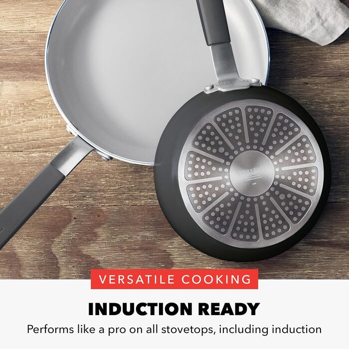 Набір сковорідок GreenPan x Bobby Flay, 20.3 см та 25.4 см, керамічне антипригарне покриття без PFAS та PFOA, індукційне, з силіконовим ручкою, придатні для миття в посудомийній машині та духовці, сірий