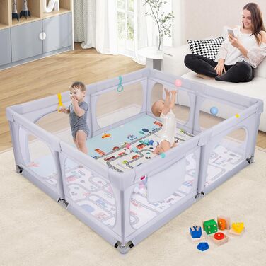 Манеж для дітей DREAMADE 189x158 см з матрацем, кільцями, 50 кульками, сумкою, захисний паркан для малюків 0-3 років, світло-сірий