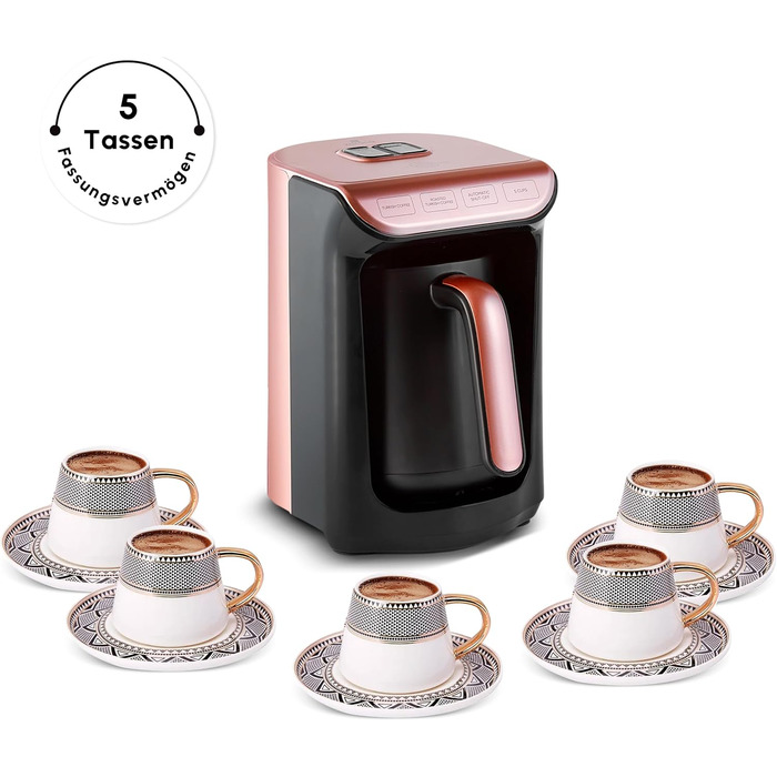 Кавомашина KARACA Hatır Roast для приготування турецького кави, рожеве золото, 5 чашок, 535W, з системою попередження, ложка, легке очищення