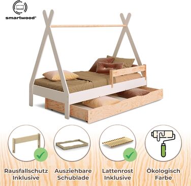 Ліжко-платформа Smartwood Hausbett для дітей Montessori Tipi F з сосни з сертифікатом FSC, захист від падіння, ламелі до 230 кг, для хлопчиків та дівчаток, проста збірка (60x120, білий) з ящиком