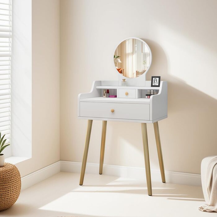 Трюмо YuYe з LED-підсвічуванням, регульованою яскравістю, з пуфом, 5 шухлядами та 3 полицями, сучасний дерев'яний комод для макіяжу білого кольору (121)