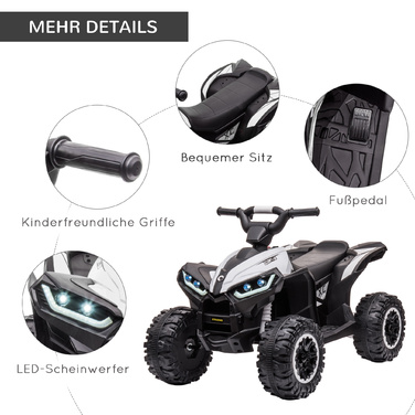 Електромобіль для дітей Kinder-Quad, 6 км/год, звукові та світлові ефекти, розміри: 83 см x 53 см x 55,5 см, чорний + білий