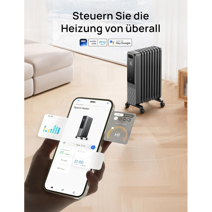 Електричний масляний радіатор Dreo OH310, 2000W, з пультом керування, 9 ребер, термостат, таймер, захист від перегріву та перекидання