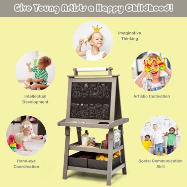 Дитяча мольберт LIFEZEAL 3 в 1: дошка для малювання, whiteboard, крейдяна дошка та рулон паперу, з 2 поличками та ящиками для зберігання, сірий