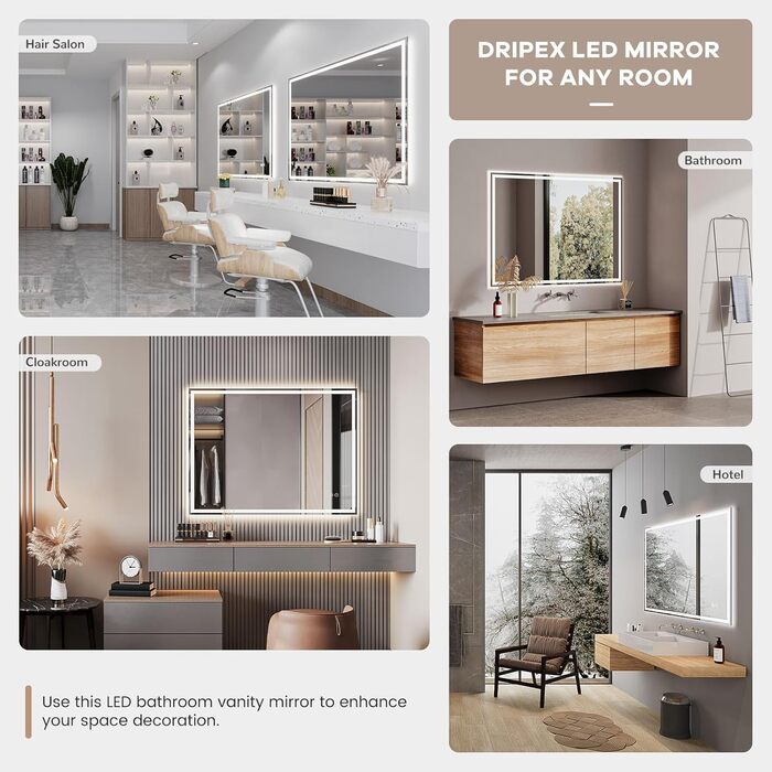 Дзеркало для ванної кімнати Dripex з LED-підсвічуванням 50x70 см (60x80 см) з Bluetooth, розеткою та протитуманним покриттям