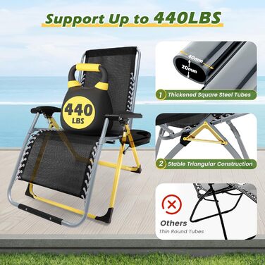 Шезлонг для відпочинку, розкладний, широка спинка 72 см, для саду, патіо, пляжу, басейну, з подушкою, 200 кг (Світло-сірий)