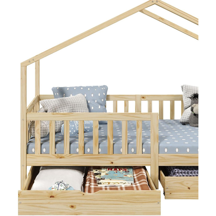 Ліжко для дому IDIMEX ELEA з масиву сосни, дитяче ліжечко із захистом від падіння 90х200см, ігрове ліжко з дахом (натуральне)