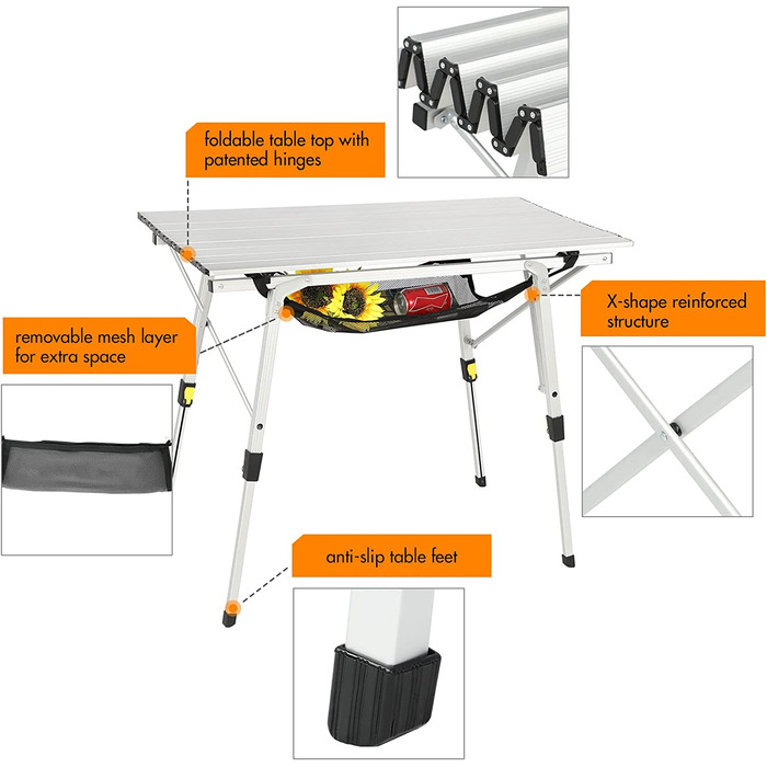 Складаний кемпінговий стіл Portal з регулюванням висоти, алюмінієвий, 90 x 53 см, для 4 осіб, сріблястий