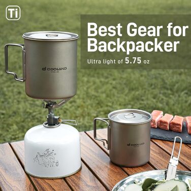 Набір посуду для кемпінгу Odoland з титану: кружка 420мл/750мл, горнятко з кришкою та ложкою, складаний ручка для кемпінгу, походів, подорожей