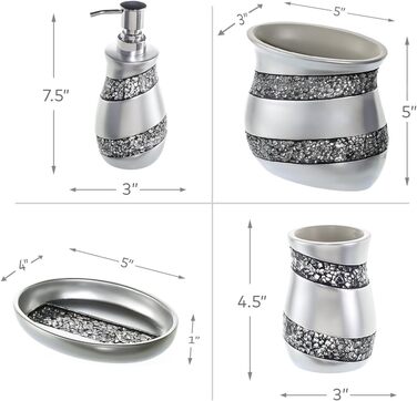 Набір аксесуарів для ванної кімнати Creative Scents – білий та сірий (4 шт.) – мильниця, дозатор мила, тримач для зубних щіток, чашка (срібло)
