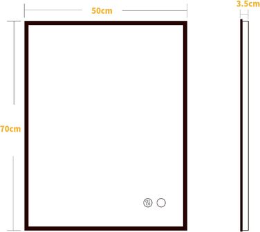 Дзеркало для ванної кімнати Puchika з підсвіткою LED, 50x70 см, регульоване, 3 колірні температури (3000-6400K), IP44, без запотівання, сенсорне керування