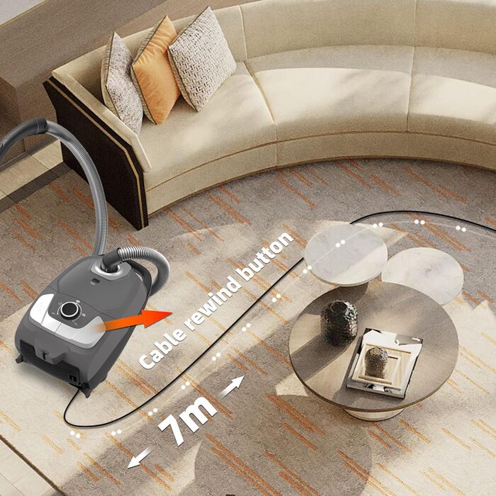 Пилсос Akitas 900W з мішком – мережевий кабель 7 м, радіус дії 10 м, тиха робота 70 дБ, додаткова насадка для підлоги, регульована потужність, велика ємність, для твердих підлог та килимів (C11 Trubo)