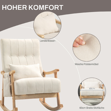 Крісло-гойдалка HOMCOM з м'яким сидінням, подушкою для попереку та бічною кишенею, крісло для відпочинку з дерев'яним каркасом, зовнішнім виглядом льону, для вітальні або спальні, бежеве