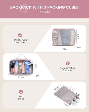 Рюкзак для ручної поклажі LOVEVOOK 40L, сірий/рожевий, для ноутбука 17.3