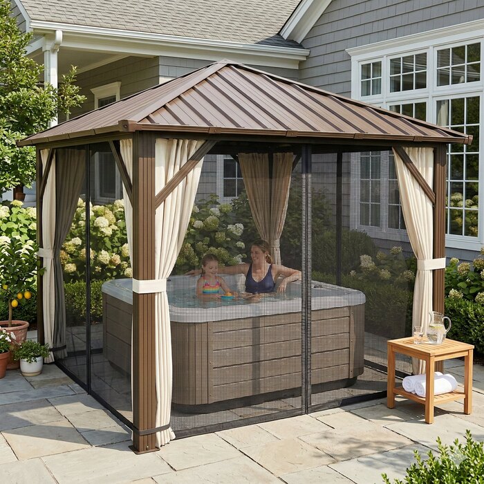 Алюмінієвий павільйон для саду 3х3 м зі сталевим дахом, москітною сіткою та 4 бічними стінками, захист від сонця UPF50+