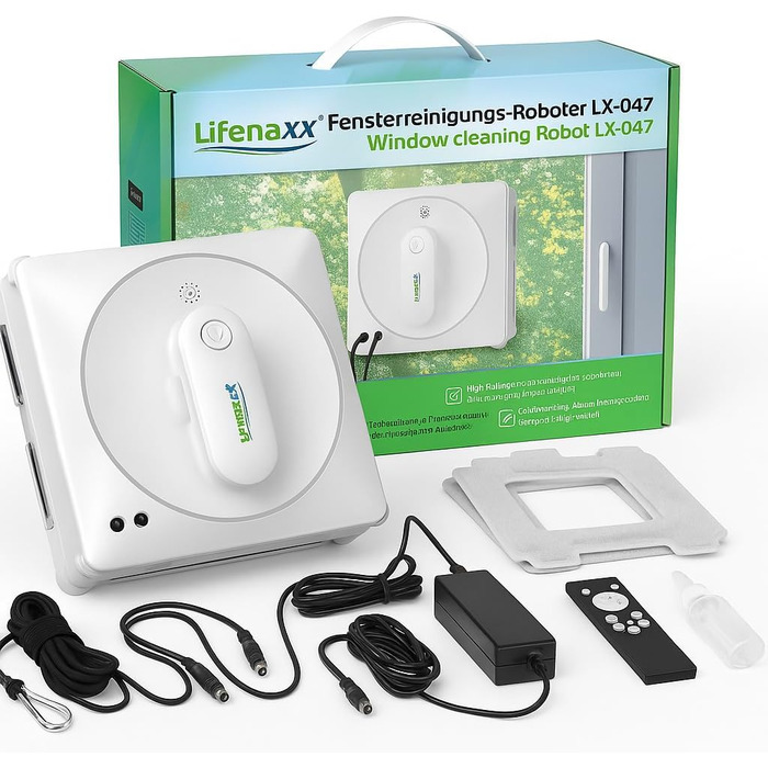 Робот для миття вікон Lifenaxx LX-047 з 4-ма форсунками, 4 програмами очищення, безщітковий двигун та пультом дистанційного керування – для рамкових та безрамових вікон