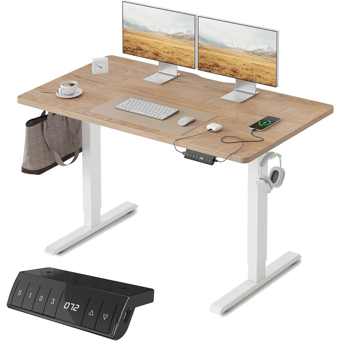 FEZIBO Регульований стіл за висотою з USB-A та USB-C, електричний, ергономічний, для дому/офісу (120 x 60 см, дуб)