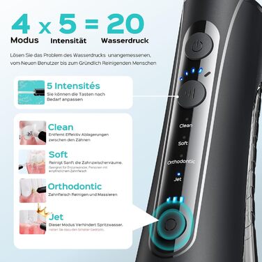 COSLUS Електрична душова лійка: 20 бар, IPX7, водонепроникна, 4 режими для догляду за порожниною рота, 5 інтенсивностей, чорна