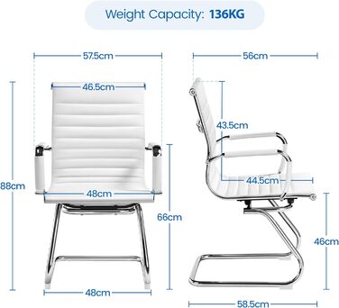 Стільці для відвідувачів Yaheetech, консольні стільці з хромом, ергономічні, спинка, підлокітники, металевий каркас, штучна шкіра, білий 2
