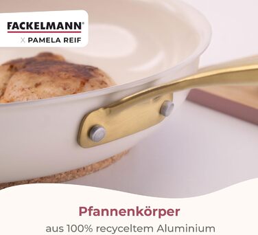 Набір сковорідок Fackelmann x Pamela Reif 3 шт. (20, 24, 28 см) – з переробленого алюмінію, бежевий, керамічне покриття без PFAS, стійке до 160°C, для всіх типів плит