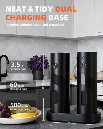 Електричний набір для солі та перцю з зарядною станцією, об'єм 110 мл, перезаряджувана млинка для солі з 5 рівнями, керамічна млинка з щіткою, 2 шт., чорний
