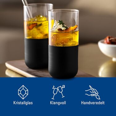 Набір склянок Villeroy & Boch Manufacture Rock: 4 шт, 300 мл, матовий чорний, ручне розписування, для коктейлів, лонгдрінків, мохіто, кайпіріньї, кришталеве скло