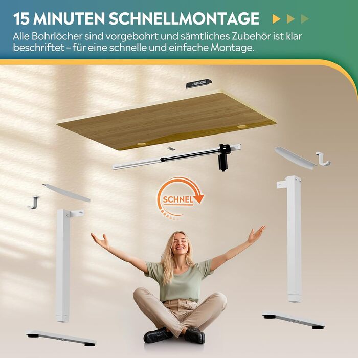 Регульований за висотою стіл Devaise з тихим мотором та функцією пам'яті для 3 положень, стіл для сидіння та стояння, регулювання висоти 72–118 см, ергономічний комп'ютерний стіл для офісу, білий (100x60 см, колір дуб)