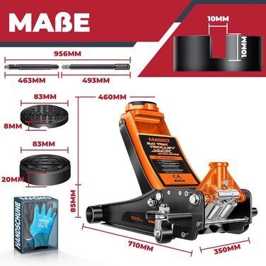 Гідравлічний домкрат MASKO 3T з низьким профілем (85-460 мм), 3 гумові накладки, для автомобілів SUV, 360° колеса, рукавички в комплекті. Підйомник-опора до 3 тонн (Помаранчевий)
